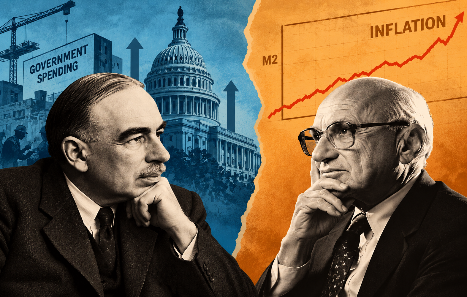 Composite of historical images of Keynes and Friedman. ChatGPT.